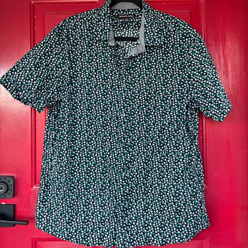 Micheal Kors Men's XXL Short Sleeve Plant Pattern Green Office Business Shirt